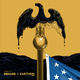 An illustration of an American flag and a gold bald eagle covered in oil.